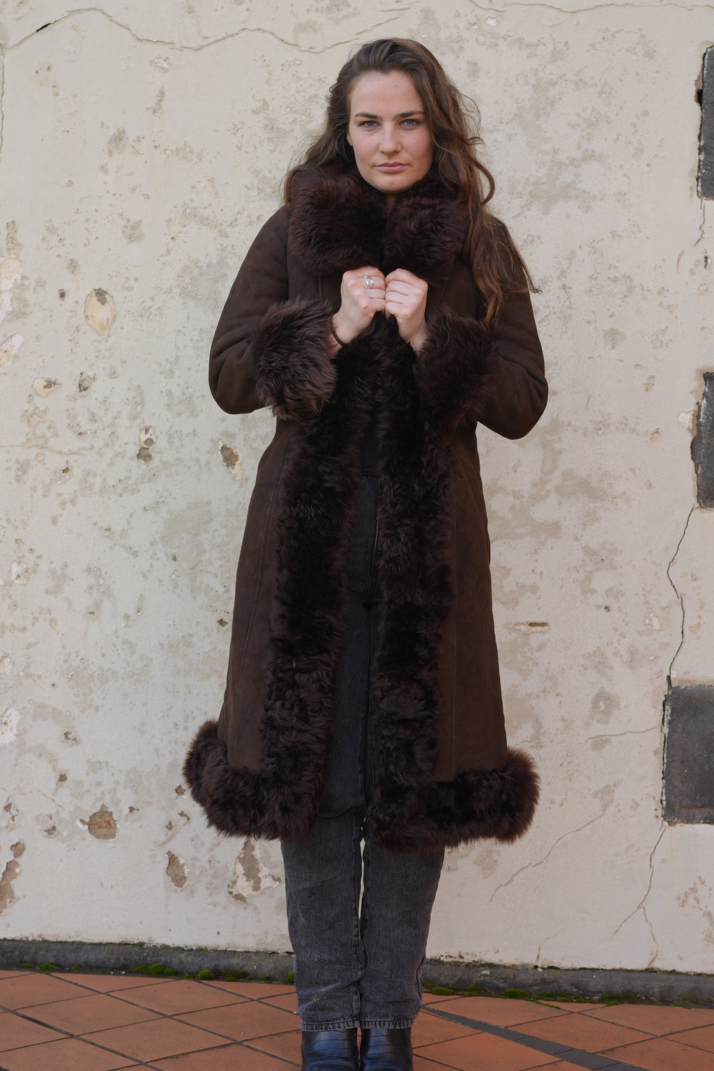 Brown sheepskin Afghan Coat on model