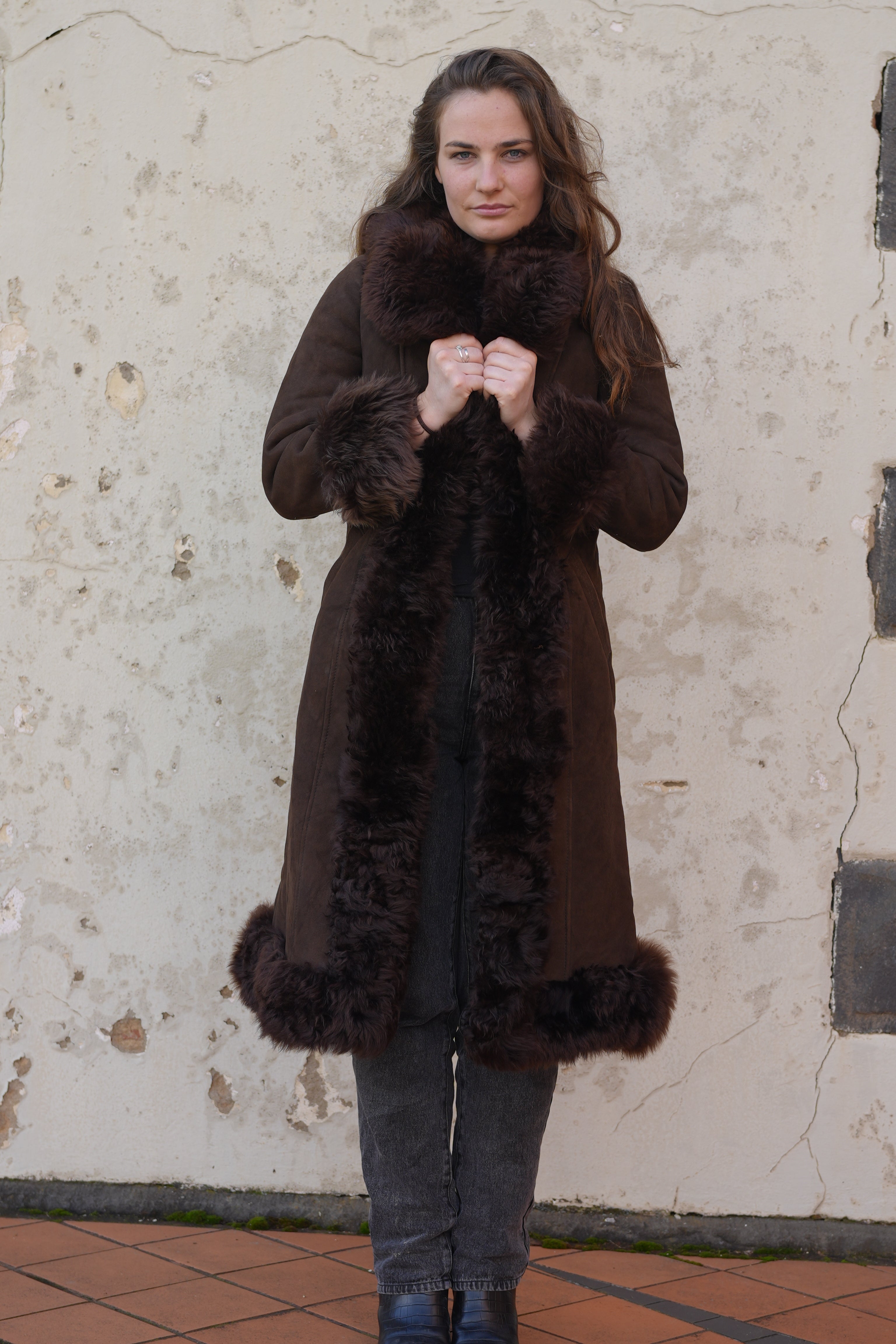 Brown sheepskin Afghan Coat on model