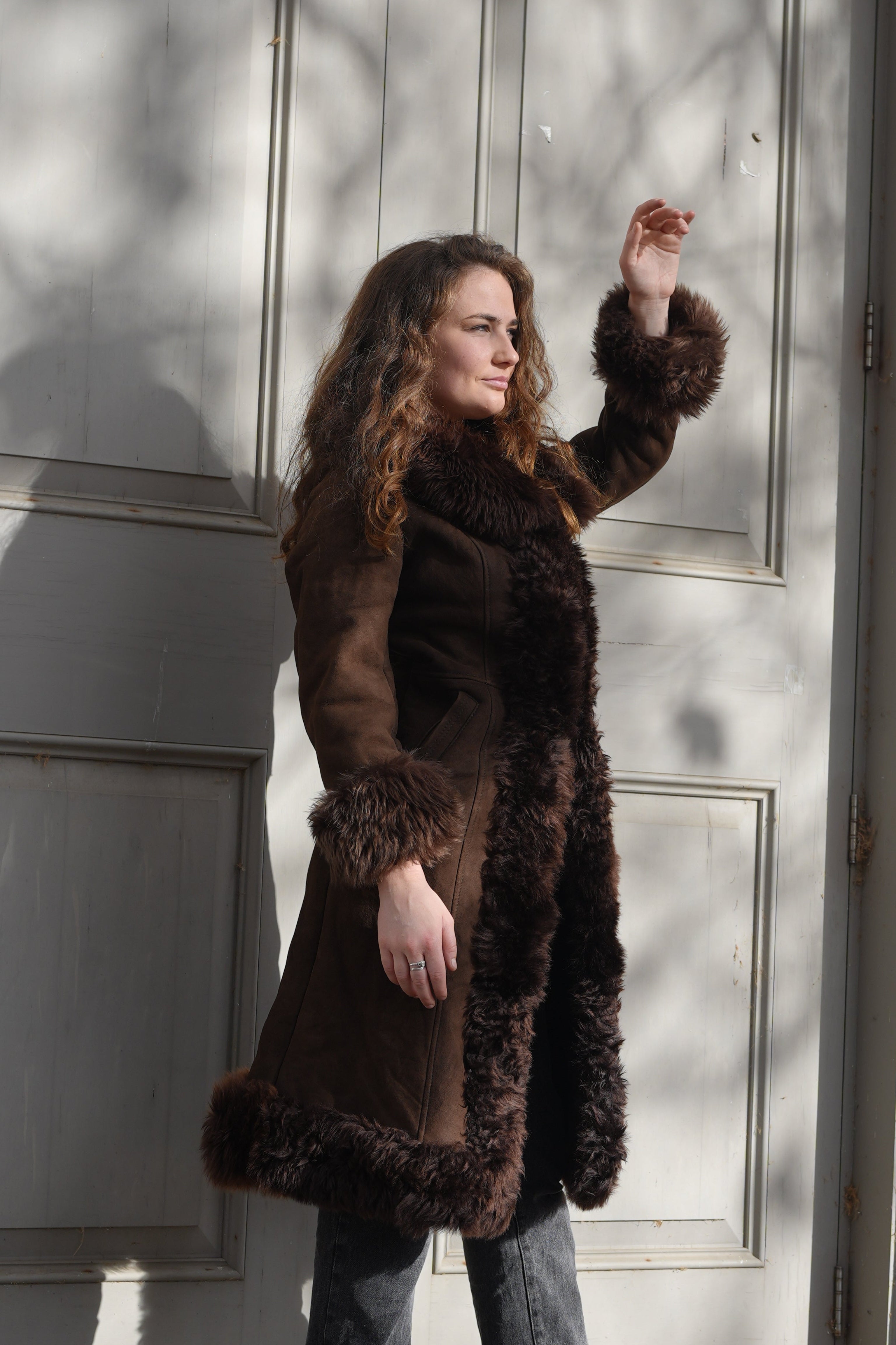 Hand-made Afghan sheepskin coat in chocolate brown
