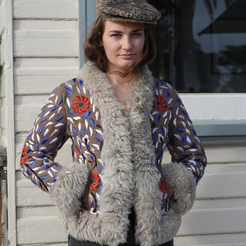Hand embroidered floral sheepskin jacket womens Nastaran