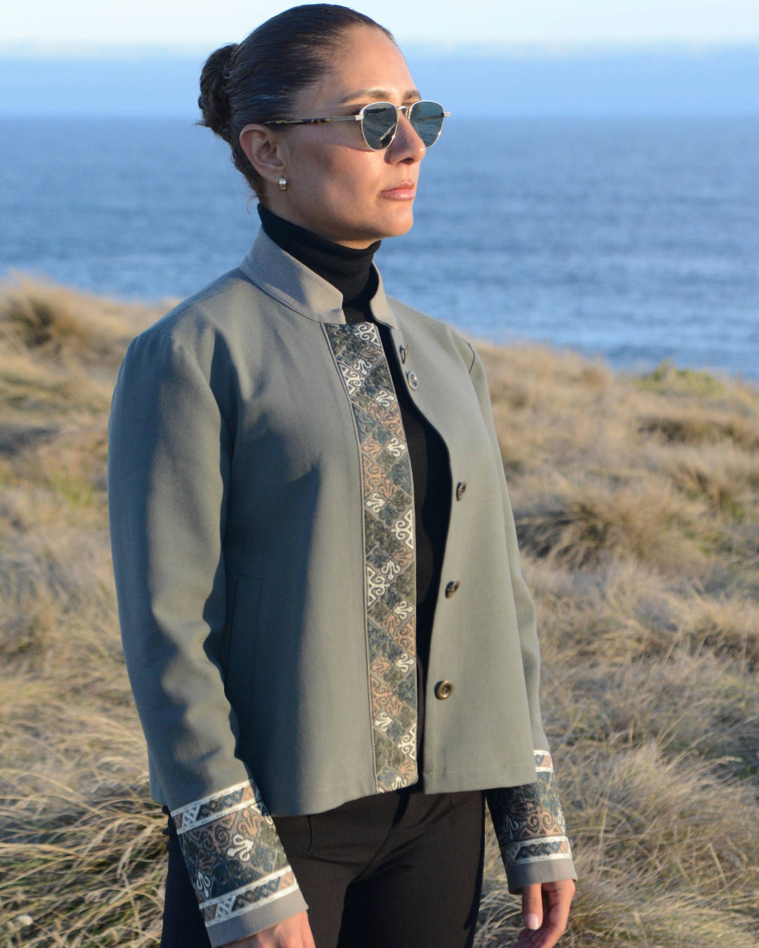 Nadia Turkmen geometric embroidered jacket - boxy shape - neutral colours - Nastaran - Australian label