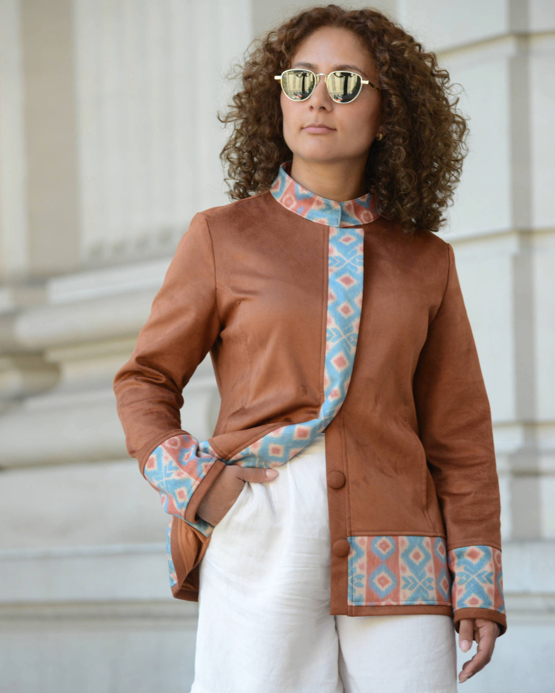 Nastaran brown  faux suede jacket with ikat print - Silk Road style 