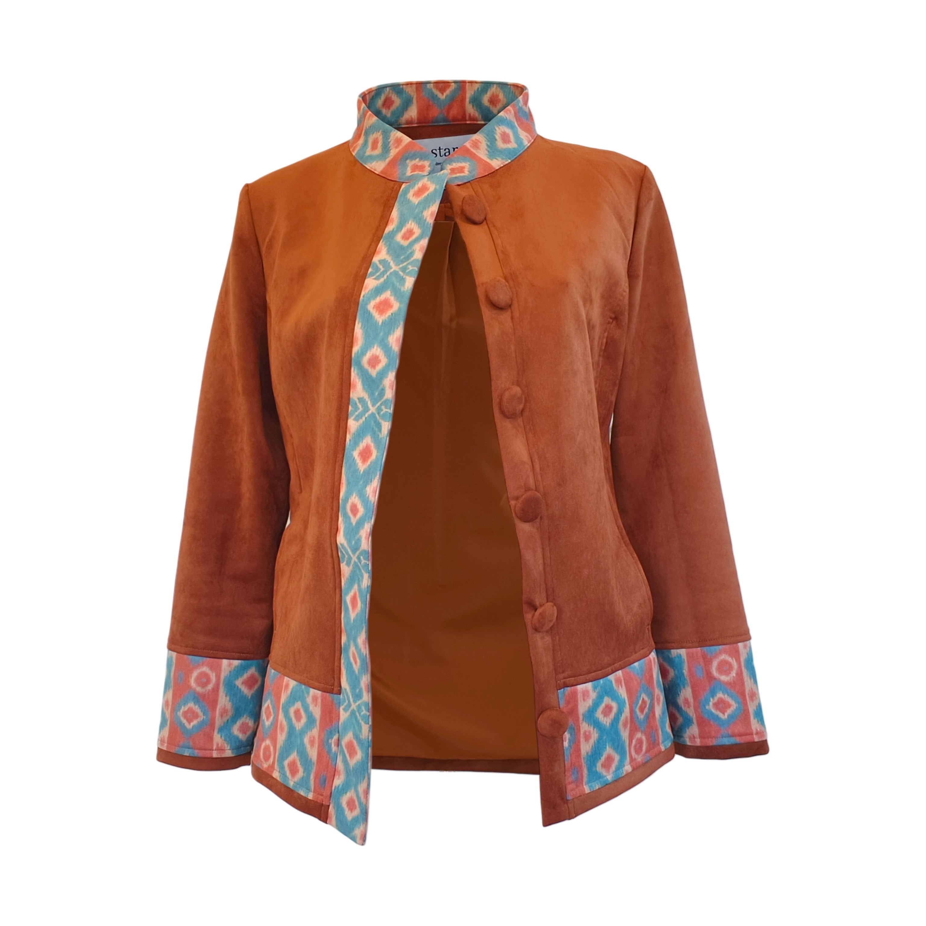Nilofar Jacket with Ikat Print on Cuff, Collar & Front Panel