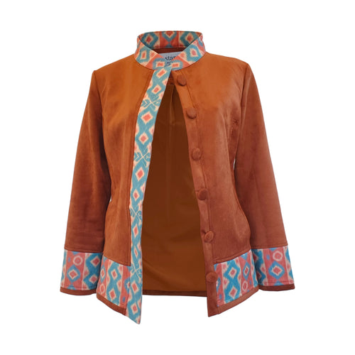 Nilofar Jacket with Ikat Print on Cuff, Collar & Front Panel
