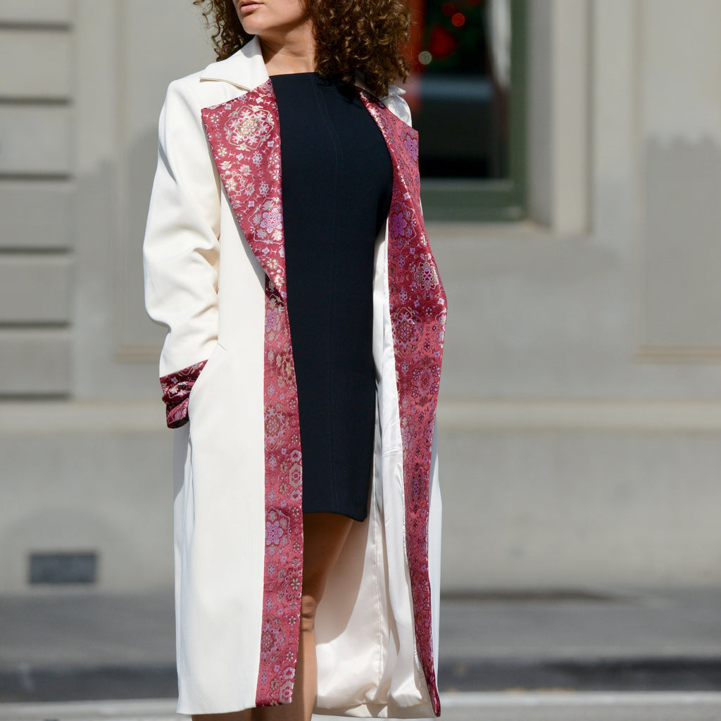 Nora Silk Road jacquard coat from Nastaran - City styled over little black dress