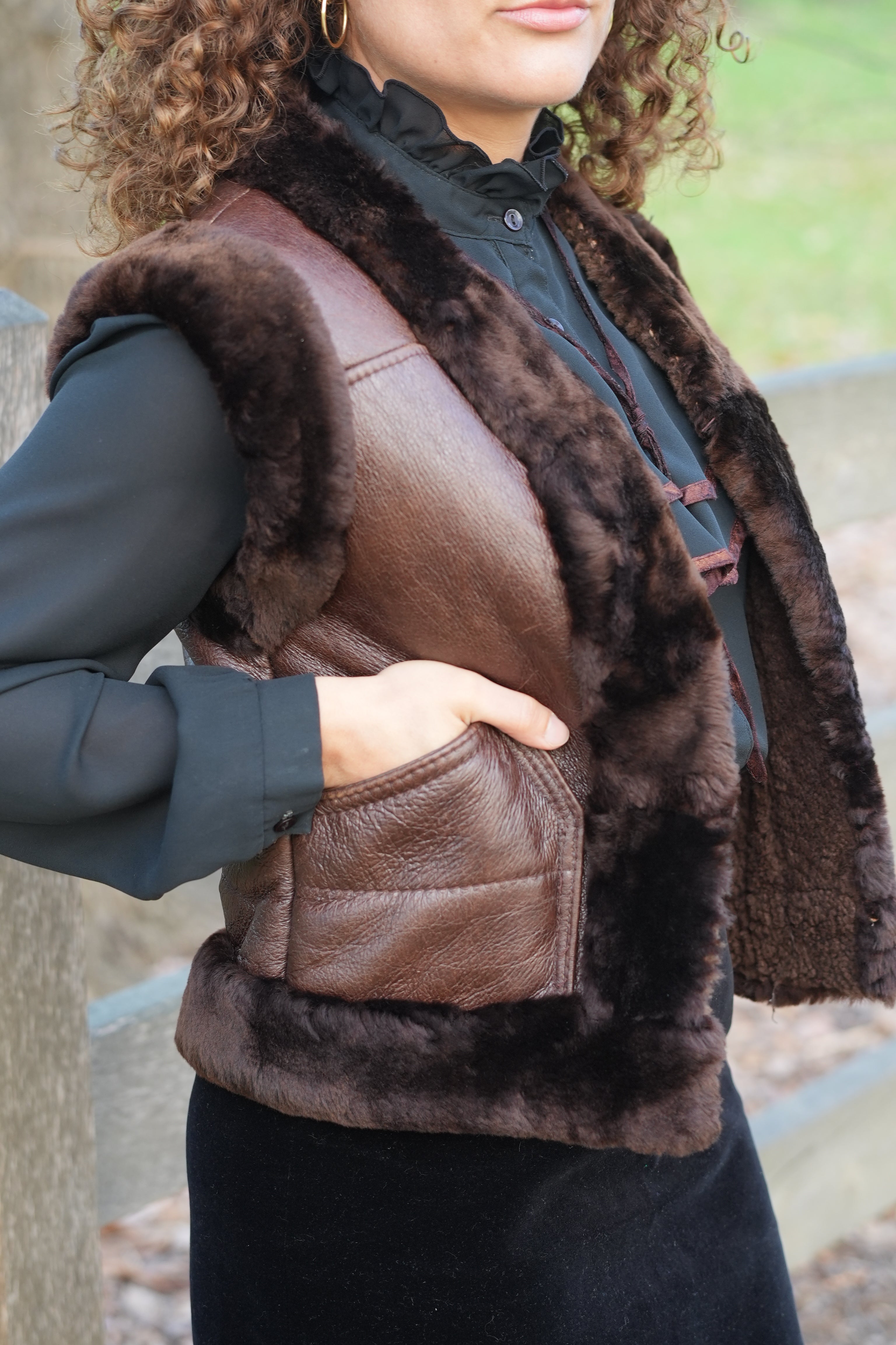 Nika_cropped_Afghan_sheepskin_handmade_waistcoat_dark_brown