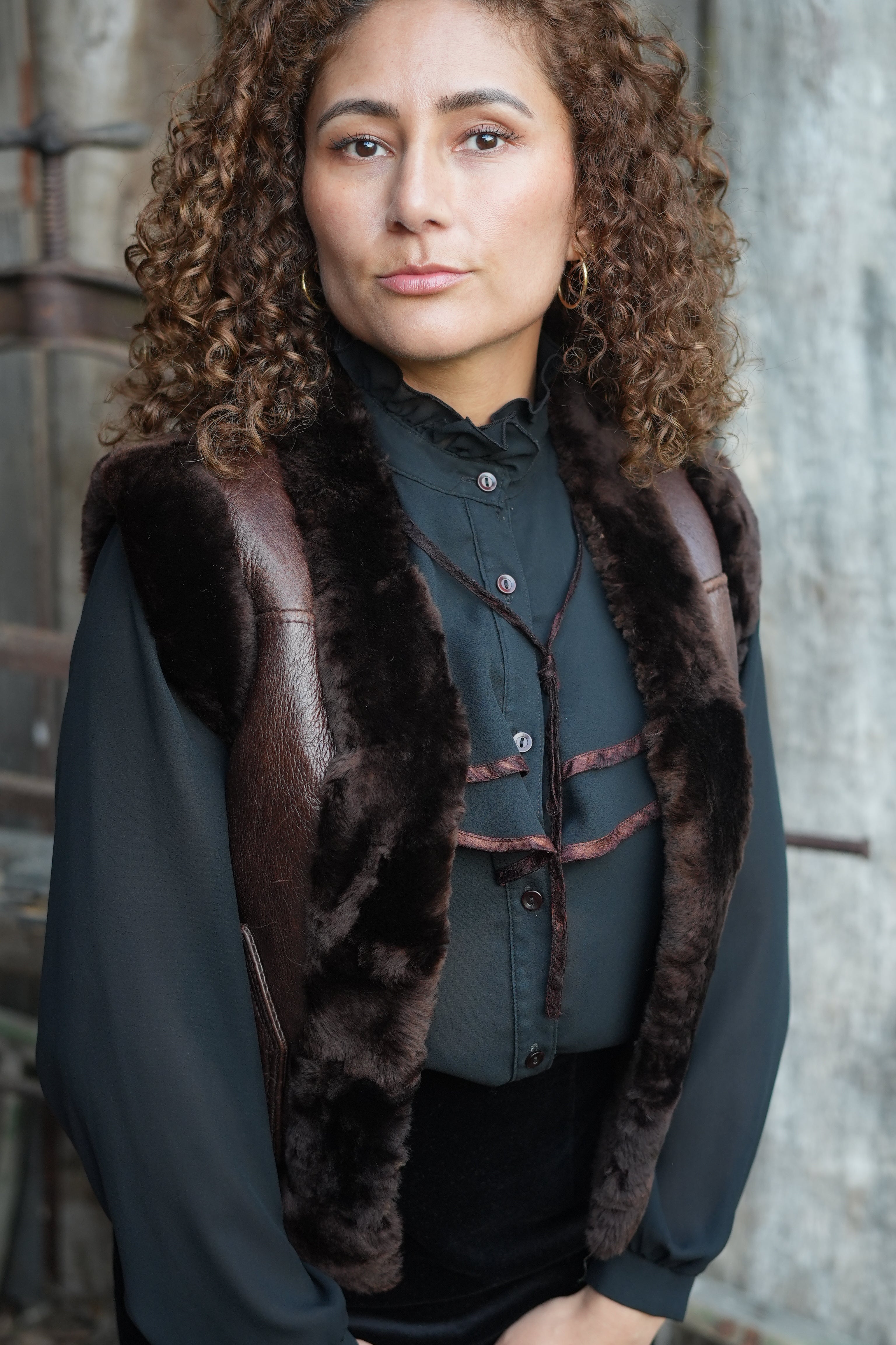 Nika_sheepskin_cropped_Afghan_waistcoat_chocolate_brown_from_shot