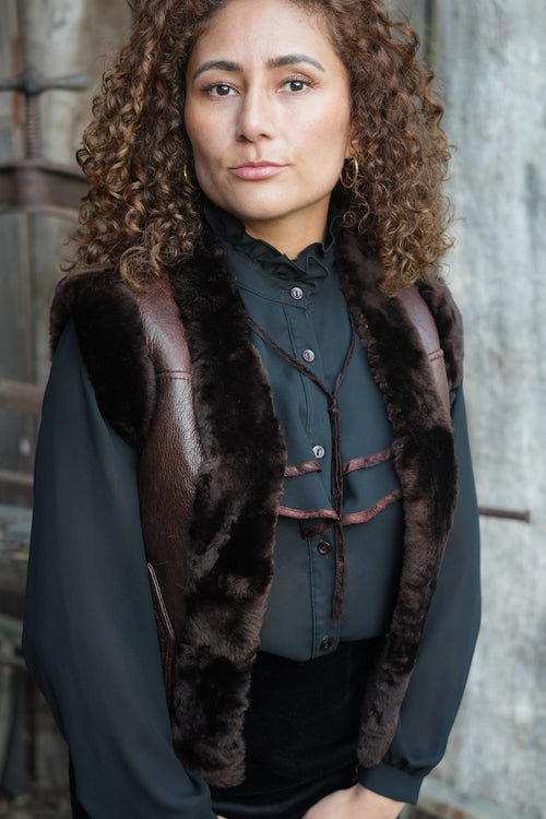 Nika_sheepskin_cropped_Afghan_waistcoat_chocolate_brown_from_shot