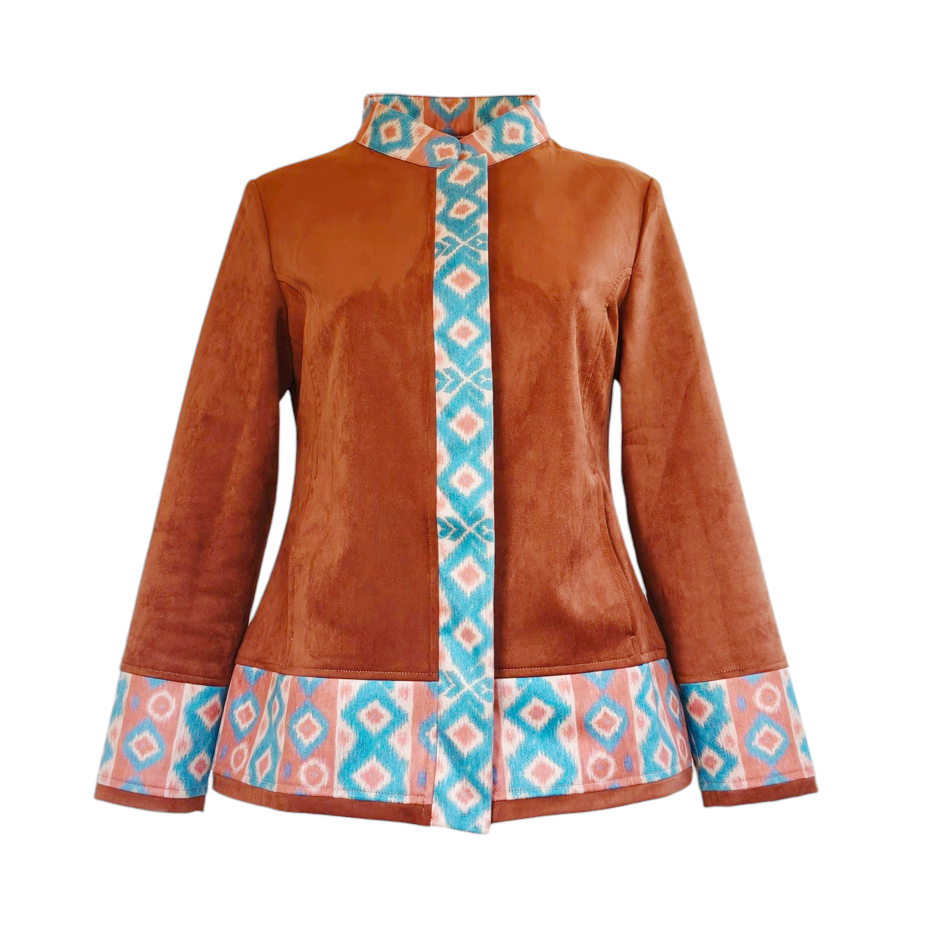 Nilofar Jacket with Ikat Print on Cuff, Collar & Front Panel