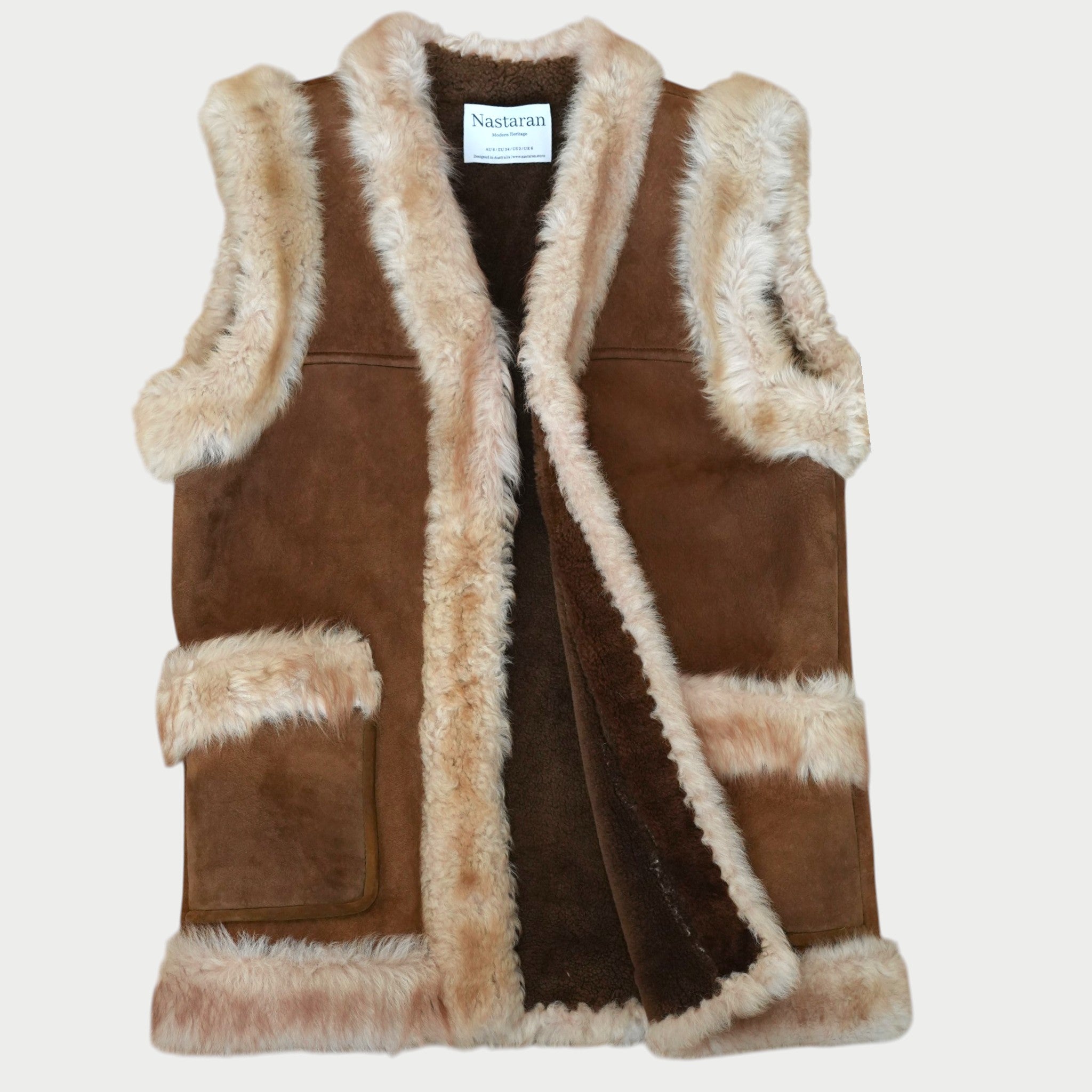 A brown suede shearling vest with beige and cream fur trim, Afghan handmade sheepskin 