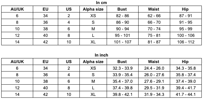 Nastaran size guide 