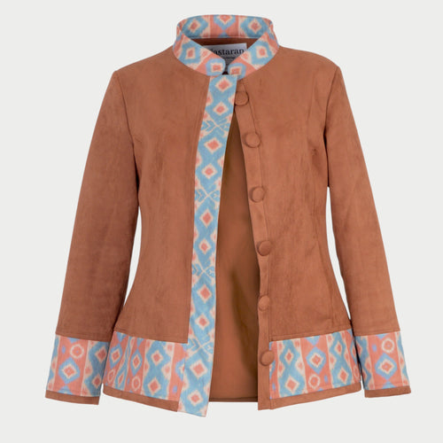 Ikat print style faux suede womens jacket