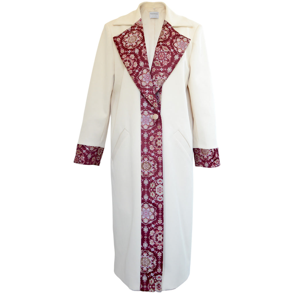 Nora ivory silk smooth jacquard womens coat - silk road statement coat - Nastaran hero image front
